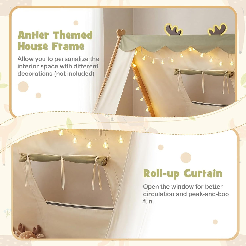 Twin Floor Bed for Kids, House Wood Bed Frame with Tent, Window, Fence Guard Rails, & Wooden Slat Support, No Box
