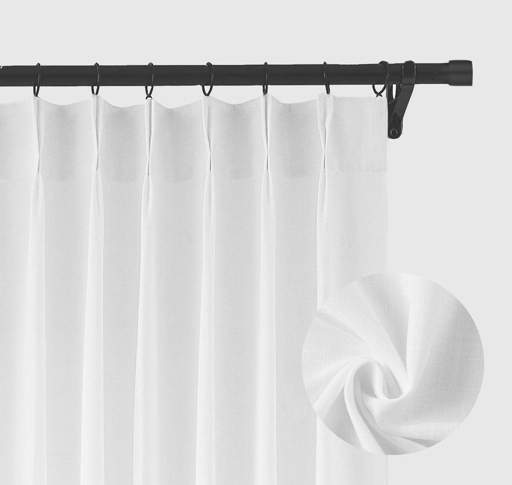 72 Inches White Pinch Pleated Linen Semi Sheer Curtains (Set of 2 Panels)