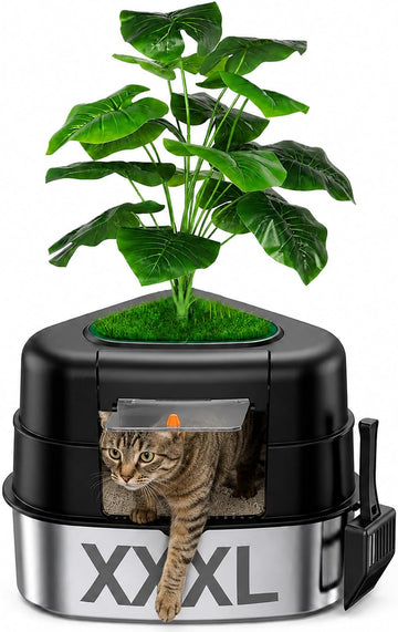 Hidden Corner Cat Litter Box with Faux Plant, Stainless Steel Interior, Covered Odor-Control Enclosure-Black
