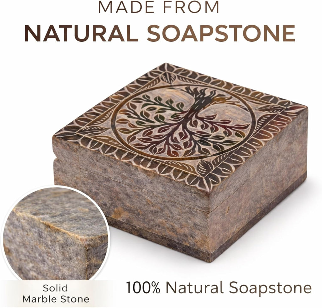 Hand Carved Marble Soapstone Square Jewellery Box, 4x4x2 Inch