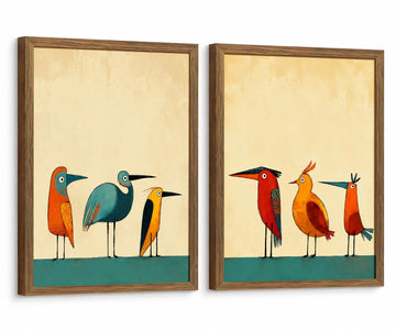 Mid Century Modern Bird Wall Art Colorful Birds on Wire Canvas Print