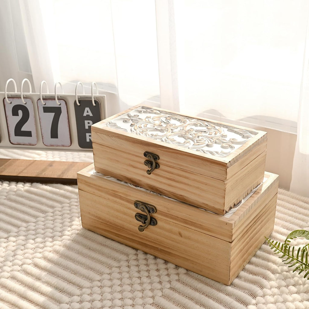 Wooden Storage Box - Hand Carved Floral Decorative Boxes - Set of 2