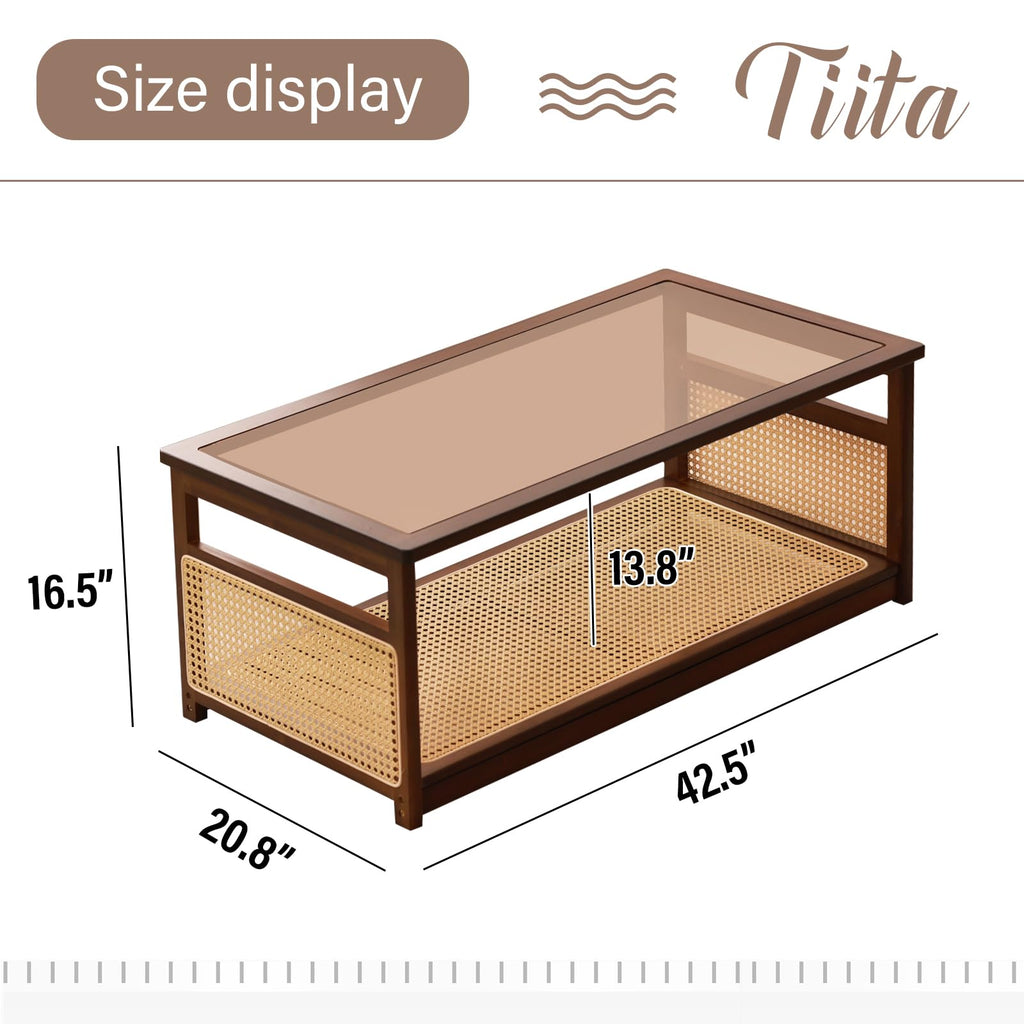 Bamboo Coffee Table, Glass Top, Rattan Storage, 2-Tier Storage, Brown
