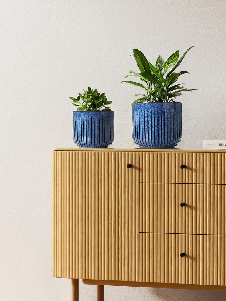 Ceramic Plant Pots, 8.3/7/6 Inch Indoor Planters with Drainage Holes & Mesh, Modern Glossy Glaze Cylinder Fluted