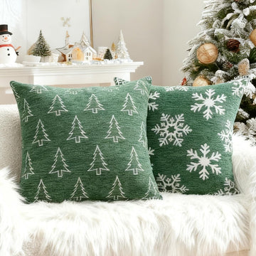 Soft Chenille Christmas Pillow Covers 18x18, Reversible Snowflake & Tree Pattern, Thick & Cozy Farmhouse - Set of 2