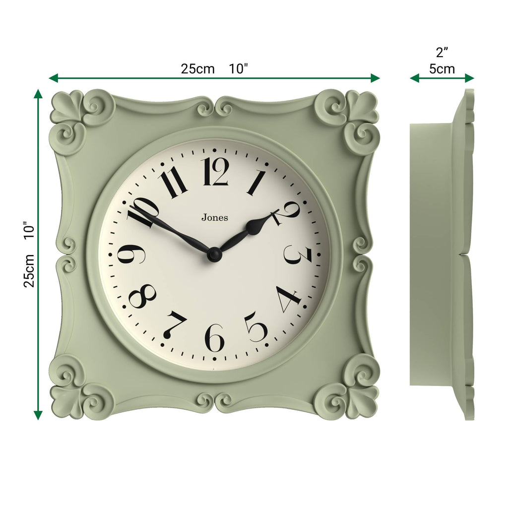 Rialto wall Clock | Ornate Square Clock | 10" | Sage Green