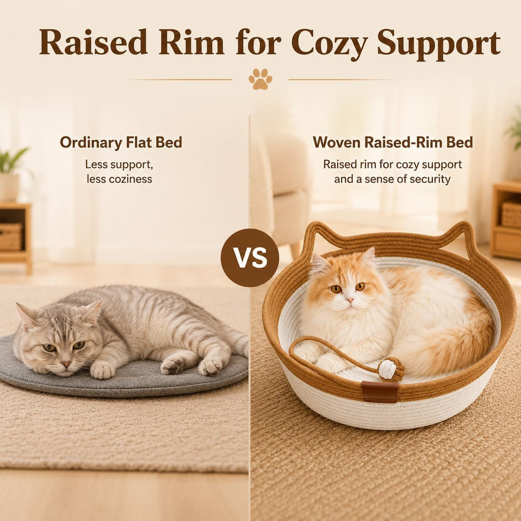 Instinct Basket for Cats, 40cm Handwoven Cat Basket Bed, Cotton Rope Cat Bed with Ear-Shaped Handles & Rope Ball