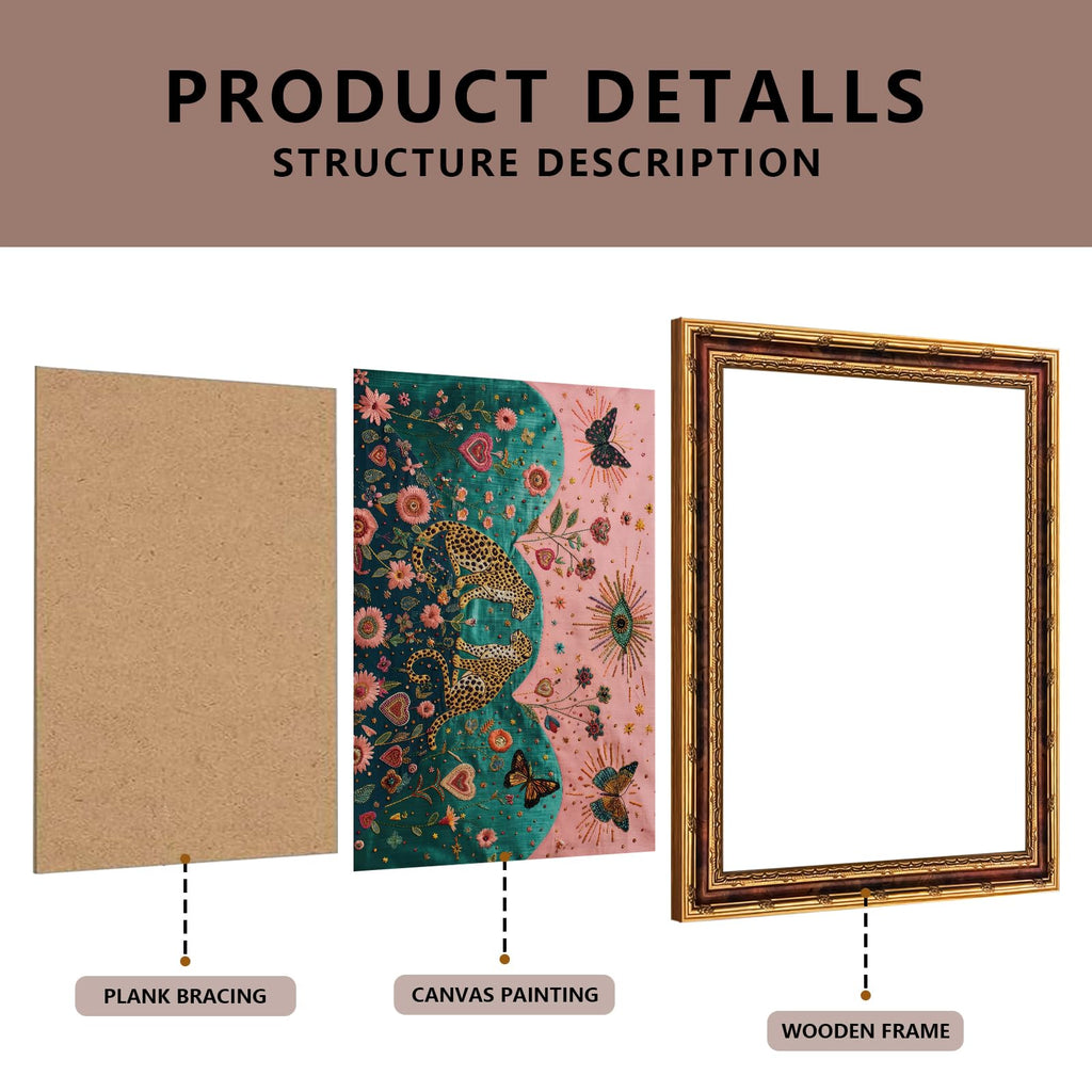 Mystical Leopard and Butterfly Wall Art with Gold Vintage Frame, Surreal Botanical Folk Art Print, Embroidery Style