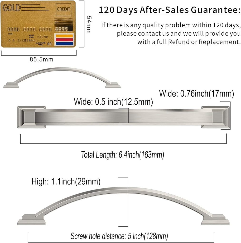 10 Pack Brushed Satin Nickel Cabinet Pulls 5 Inch(128mm) Hole Centers, Handles Hardware, Arch Cabinet Handles Drawer