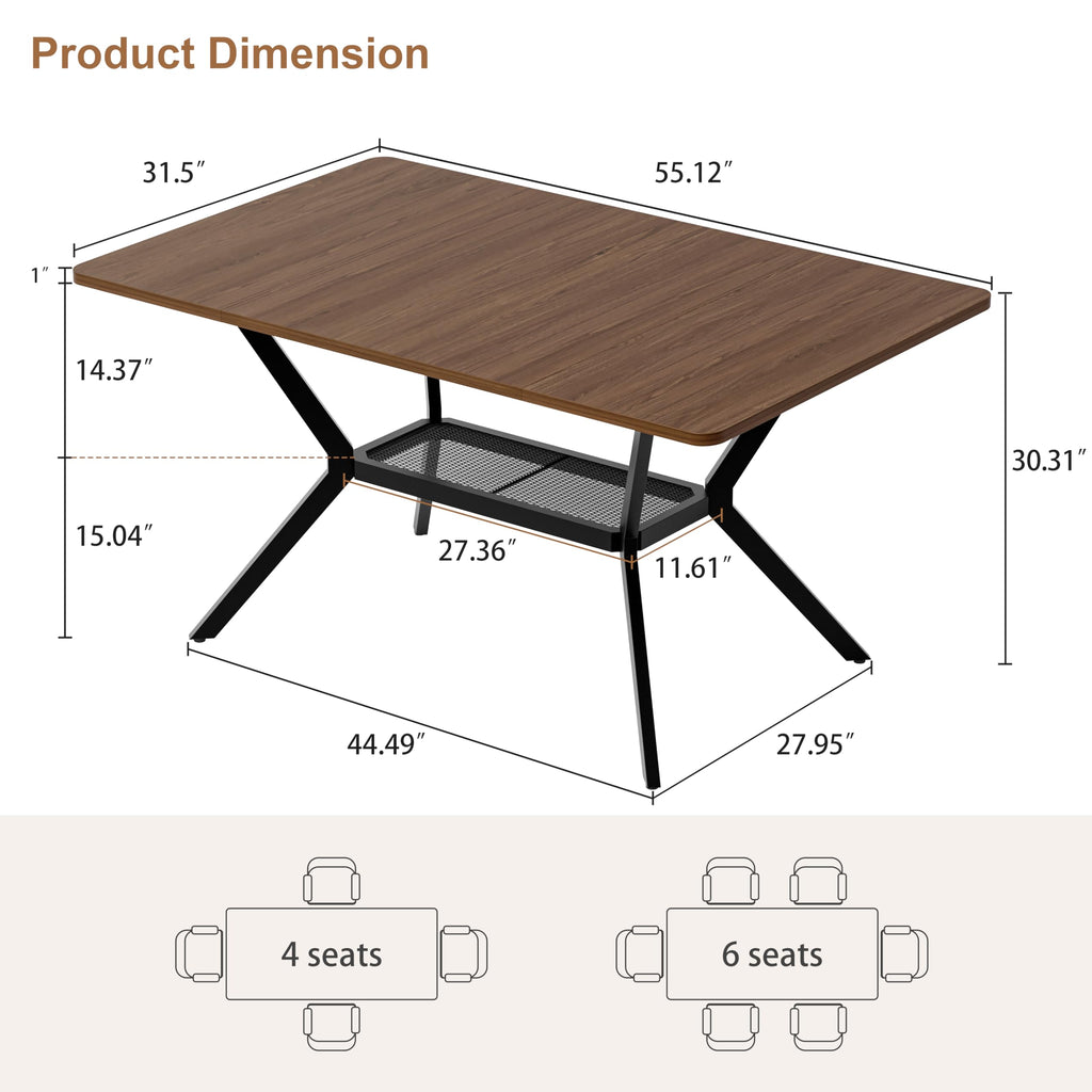 55 inch Dining Table for 4-6, Rectangle Kitchen Table with Storage Shelf, Space Saving Modern Farmhouse Design with