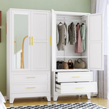 Metal Armoire Wardrobe Closet, 71" Tall Bedroom Closet with Mirror