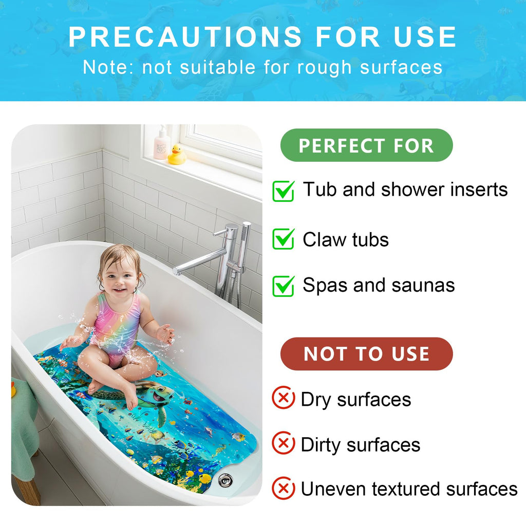 Bath Mat for Tub Non Slip Kids Bathtub Mat 40x16 Baby Bath Mat, Blue Sea