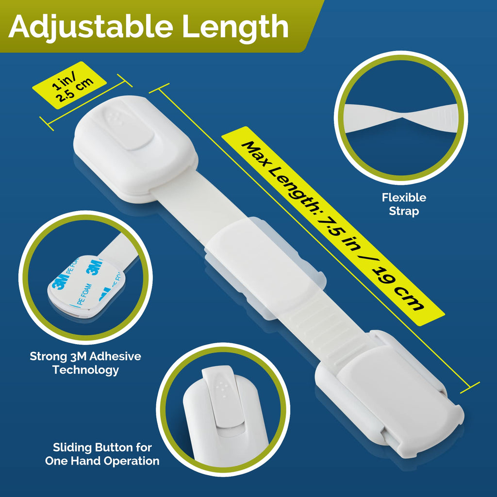 Child Safety Strap Locks (10 Pack) Baby Locks for Cabinets and Drawers, Toilet, Fridge & More. 3M Adhesive Pads. Easy
