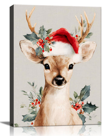 Rustic Festive Canvas Wall Art, Reindeer with Christmas Hat Canvas Wall Art