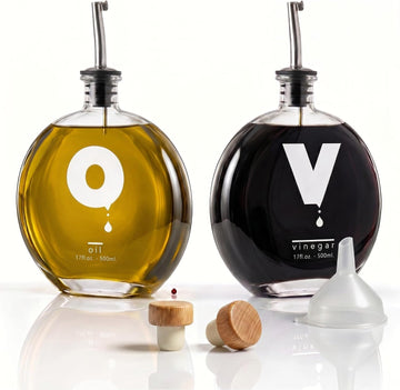 Elegant Oil and Vinegar Dispenser Set - Glass Bottles 17oz/500ml with Corks, Pouring Spouts & Funnel | Modern Olive - Set of 2