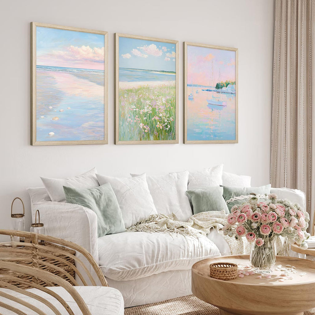 Pink Beach Wall Art Preppy Coastal Canvas Wall Decor Summer Beachy Posters Aesthetic Ocean Pictures Pastel Pink Beach