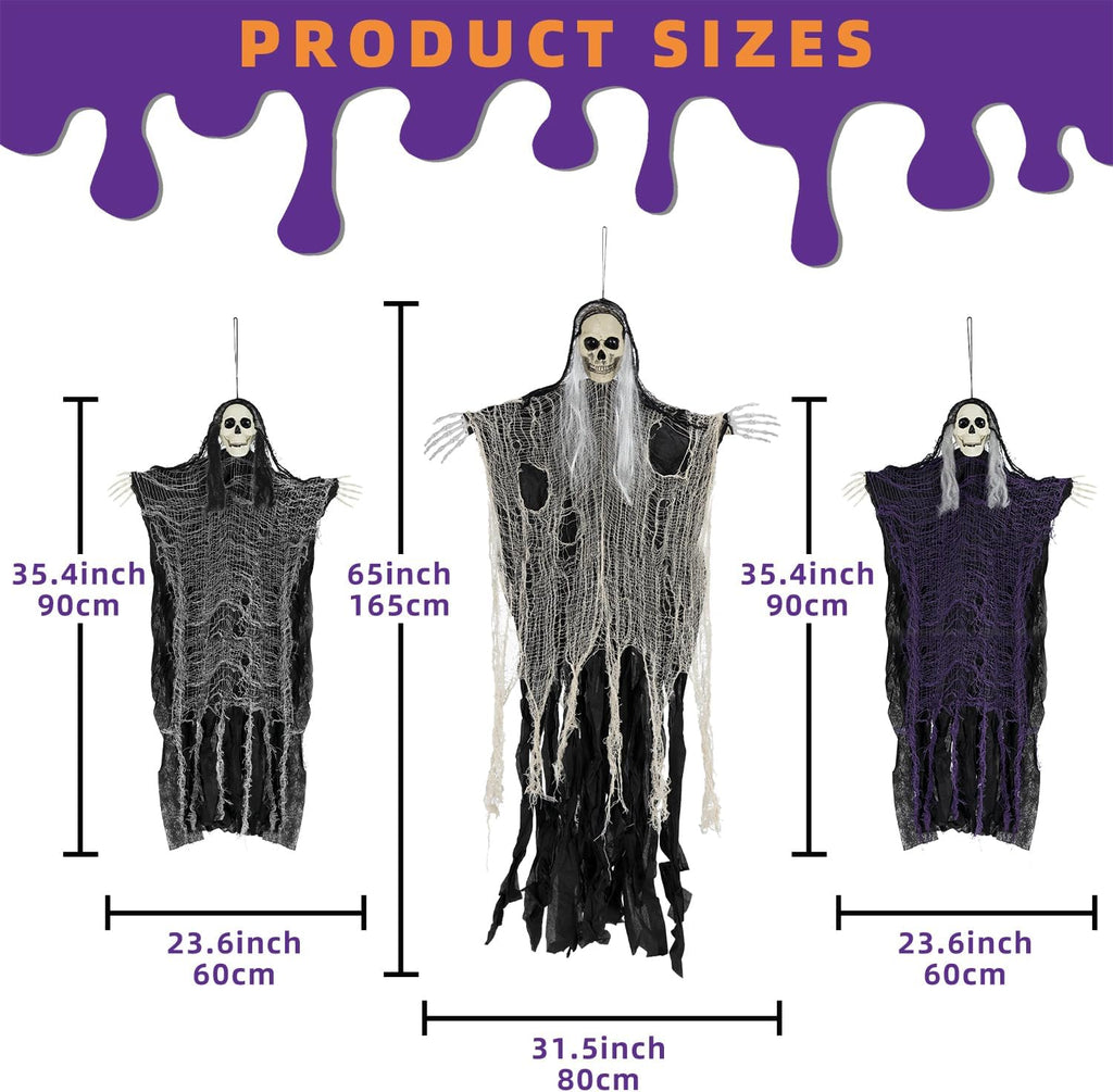 Scary Hanging Ghosts,Halloween Grim Reaper Skeleton Halloween Decor. - Set of 3