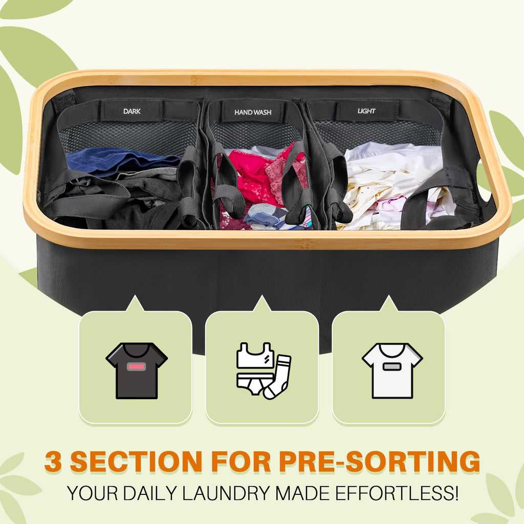 145L Laundry Hamper with Lid, 3 Section Laundry Basket with 3 Removable Bag