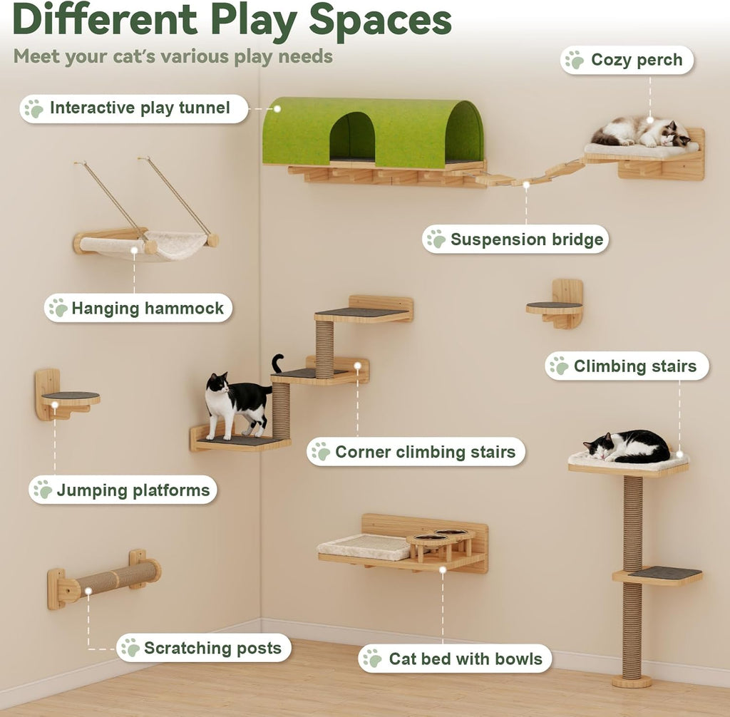 10PCS Cat Wall Shelves, Pine Cat Climbing Wall Furniture with Tunnel