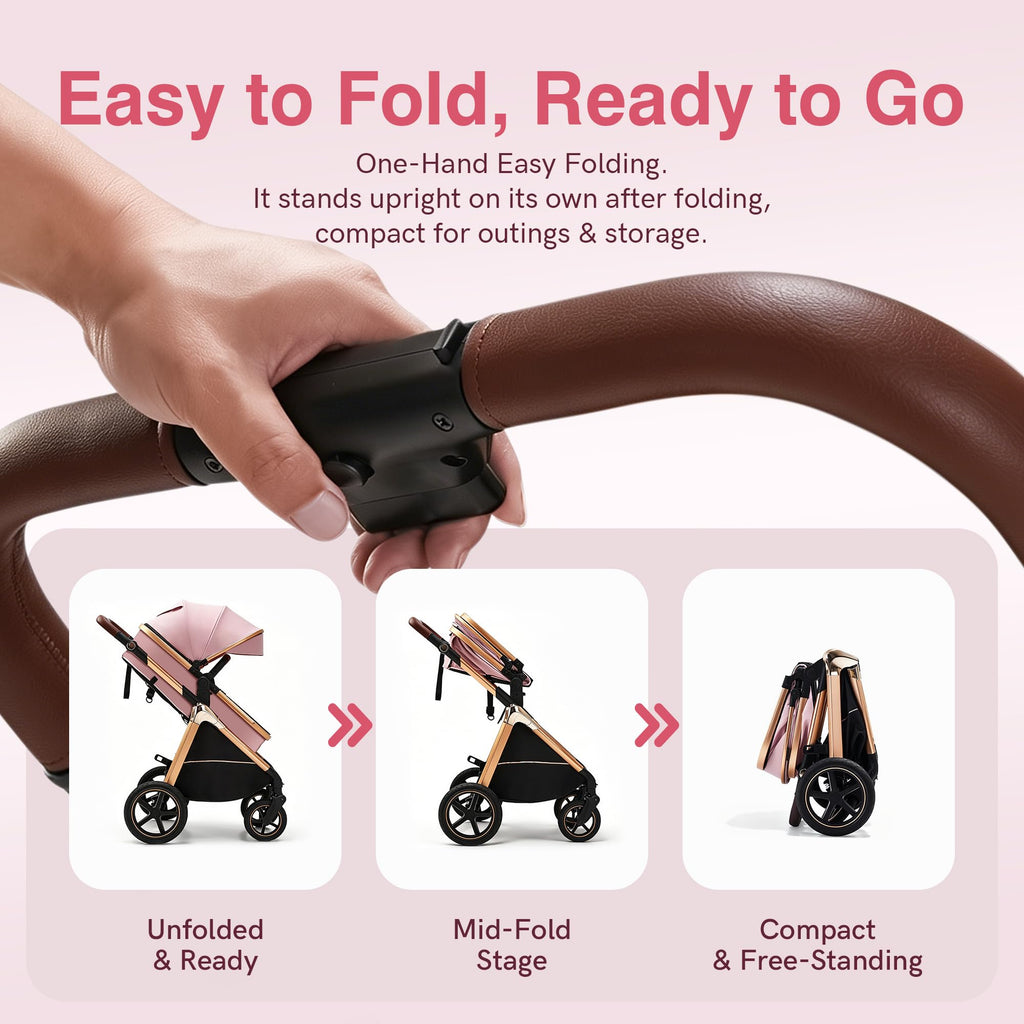 2-in-1 Convertible Baby Stroller, Reversible Fully Reclining Seat, One-Hand Fold, All-Wheel Suspension, Pink