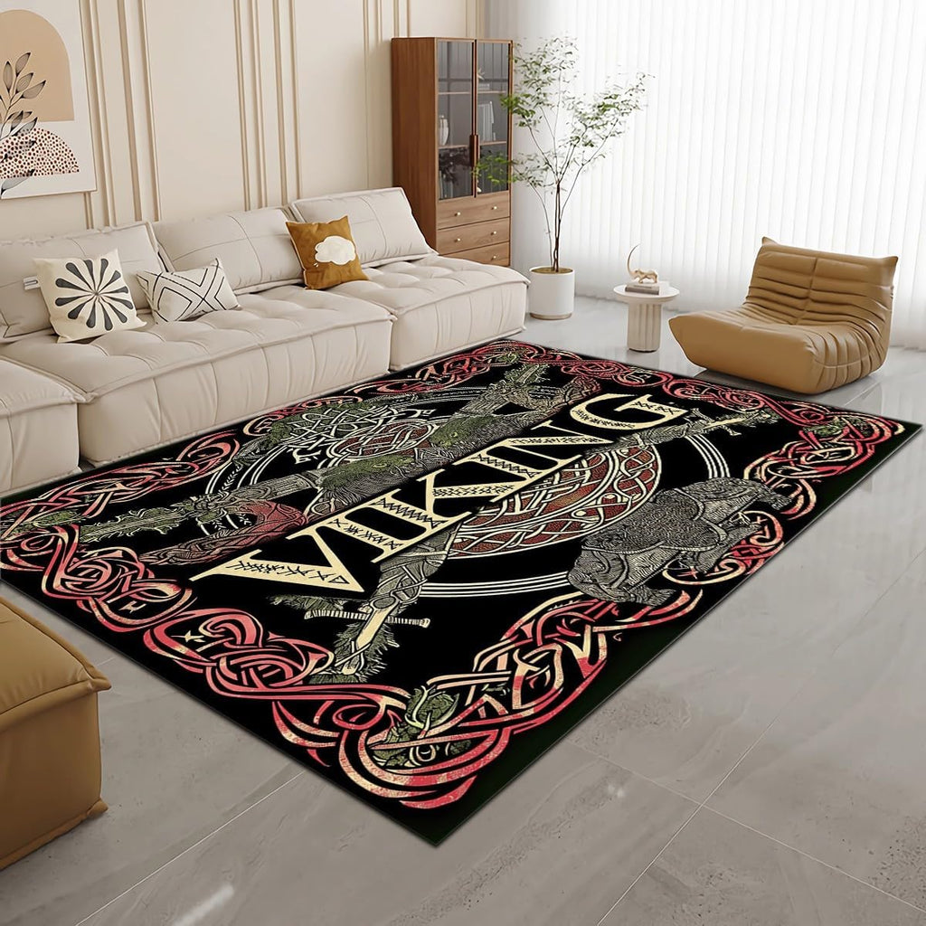 Traditional Nordic Viking Symbols Area Rug Living Room Bedroom Rugs Washable Carpet, Soft Fluffy Runner, Non