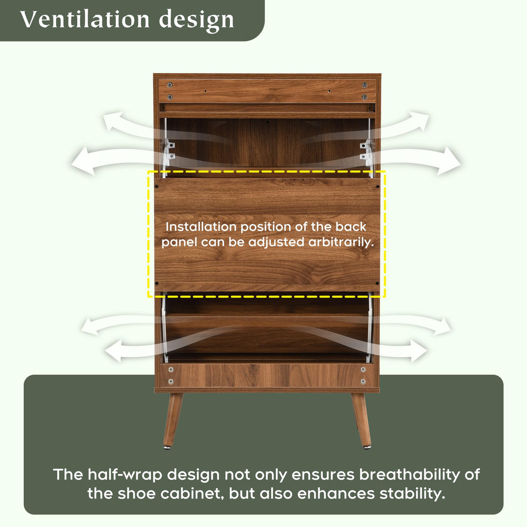 Shoe Rack Storage Organizer with 2 Natural Semi-Circular Rattan Doors, Entryway Wooden Shoe Cabinet for Sneakers