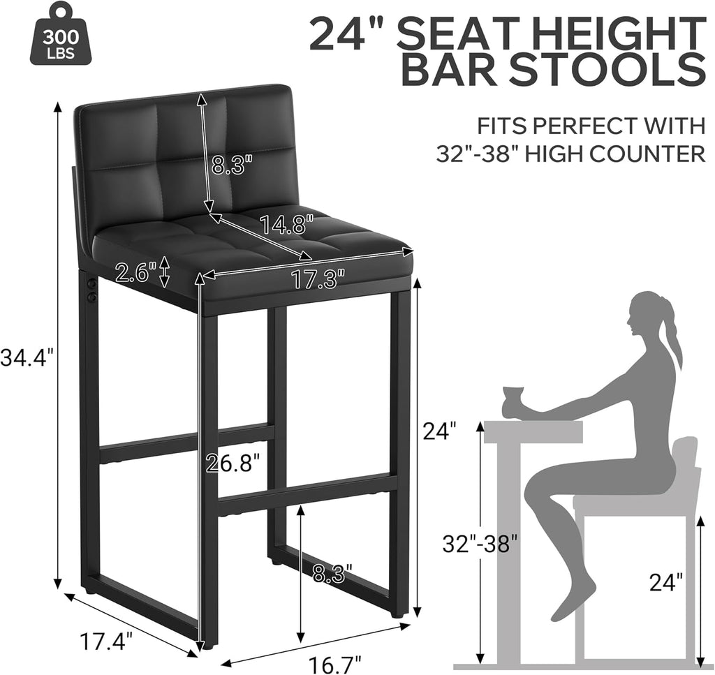 24" Bar Stools Set of 2, Modern Faux Leather Counter Height Bar Stools with Low Back and Footrest, Sturdy Thickened