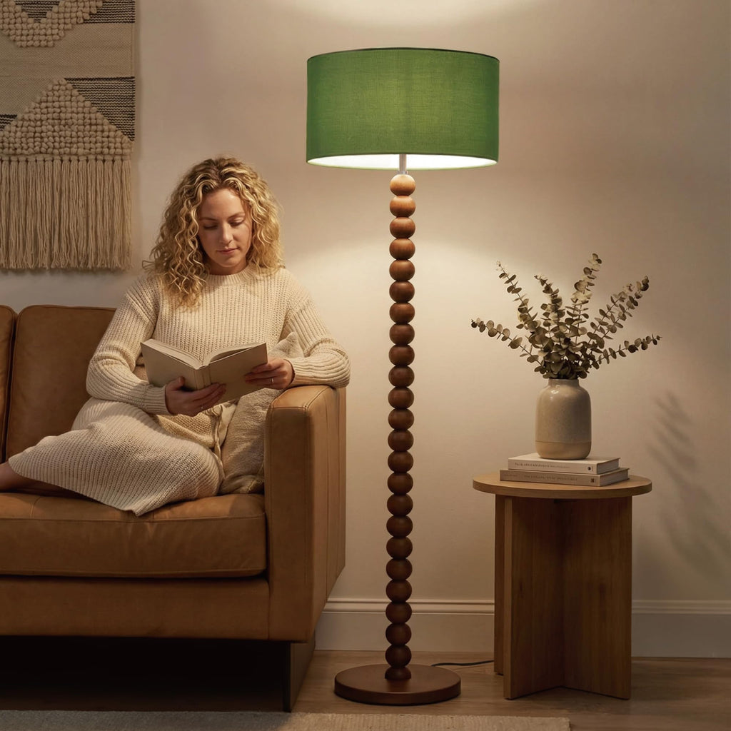 60.6 Inch Beaded Walnut Wood Floor Lamp with Linen Shade, Green