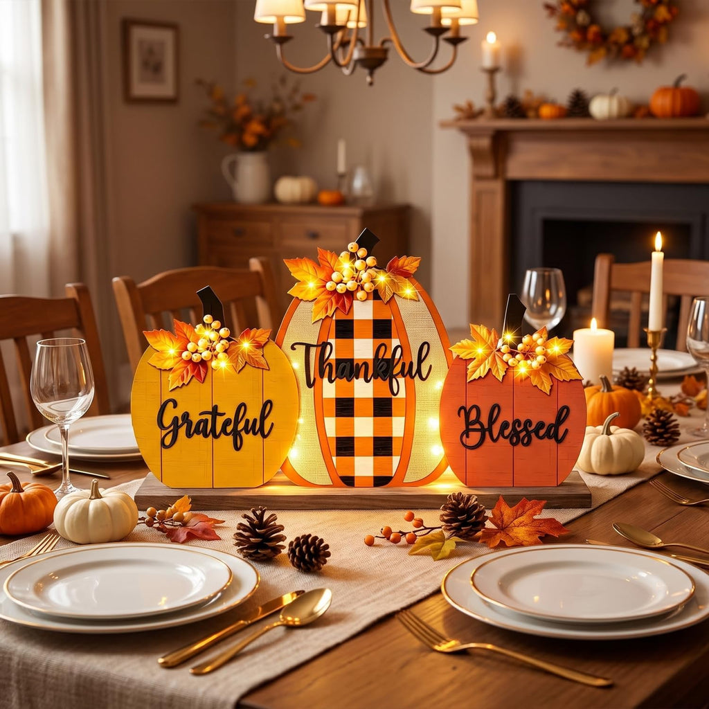Fall Pumpkin Table Sign with LED Lights, Blessed Grateful Thankful Rustic Farmhouse Decor, Thanksgiving Harvest - Set of 3