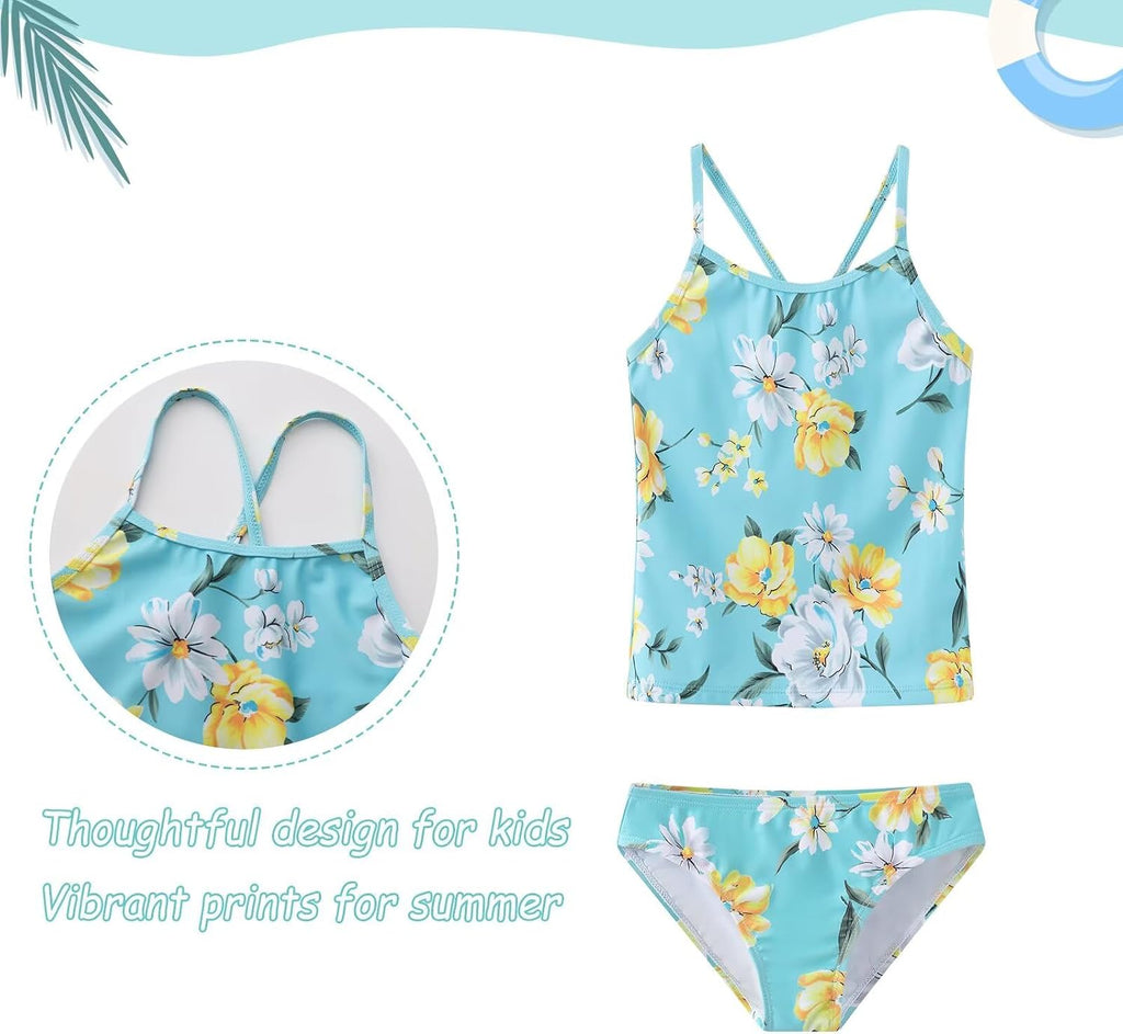 Girls 3 Piece Swimsuits Set for Girls Long Sleeve Rash Guard Swim Set Hawaiian Beach Tankini Bathing Suits