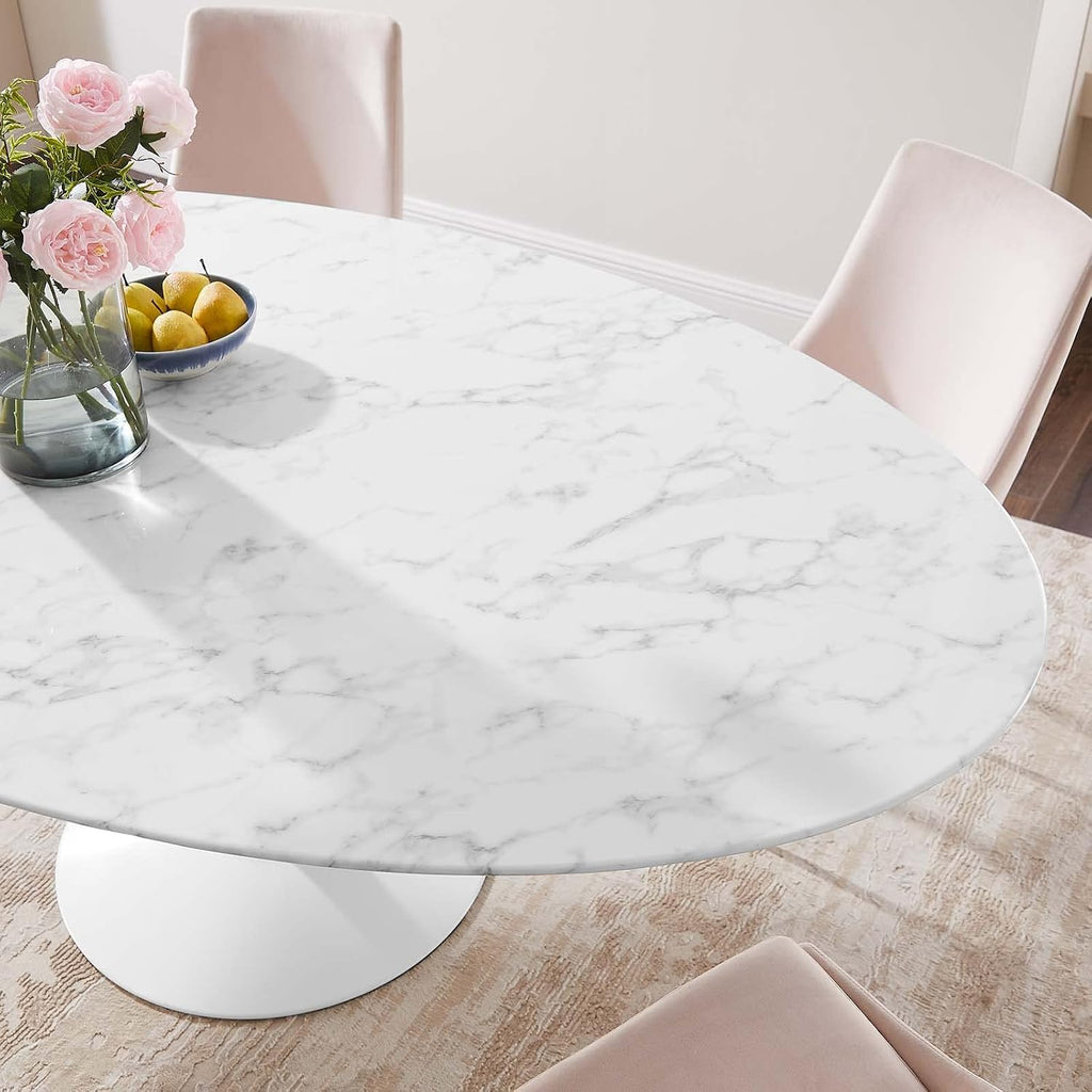 Inspired Tulip Style Oval Pedestal Dining Table — White Base / Marble Top, 78″ Oval