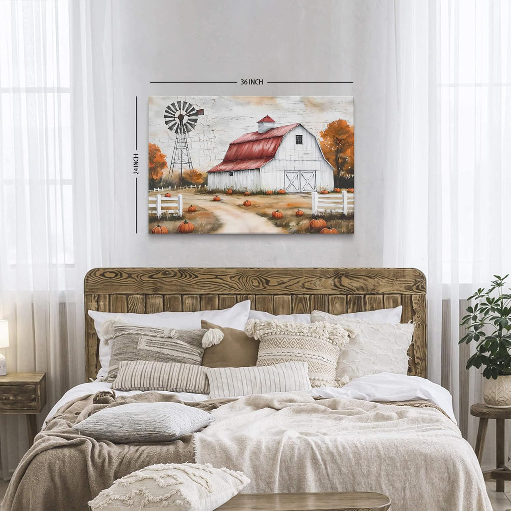 Country Autumn Landscape Canvas Wall Art Farmhouse Barn Windmill Pictures Wall Decor Kitchen Bedroom Fall Decorations