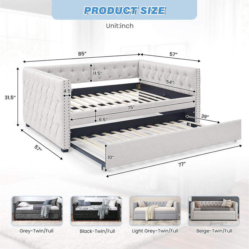 Daybed with Trundle, Modern Upholstered Full Size Button-Tufted Sofa Bed Frame with A Roll-Out Trundle, No Box Spring