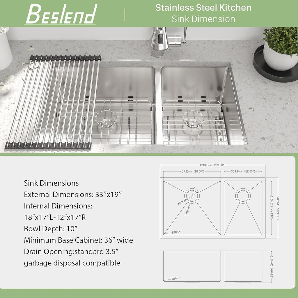 33 Undermount Double Bowl Kitchen Sink