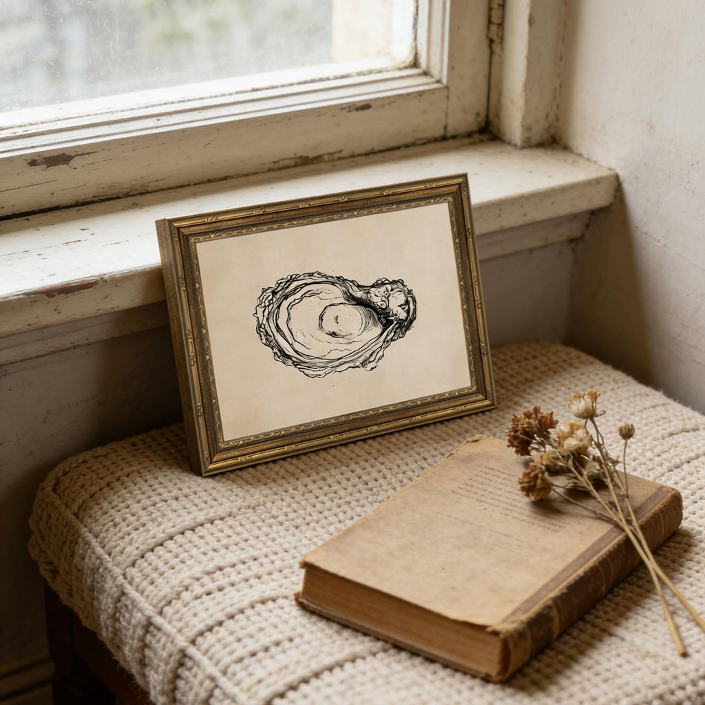 Gold Framed Wall Art Vintage Oyster Shell Sketch Wall Art Rustic Kitchen Cottagecore Seashell Wall Decor Picture