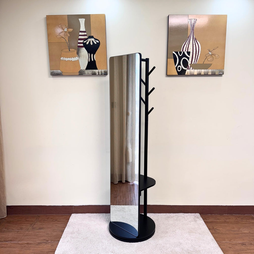 Rotating Solid Wood Full Length Mirror with Coat Rack, 65x14" Shatterproof Floor Mirror with Storage Clothes Rack