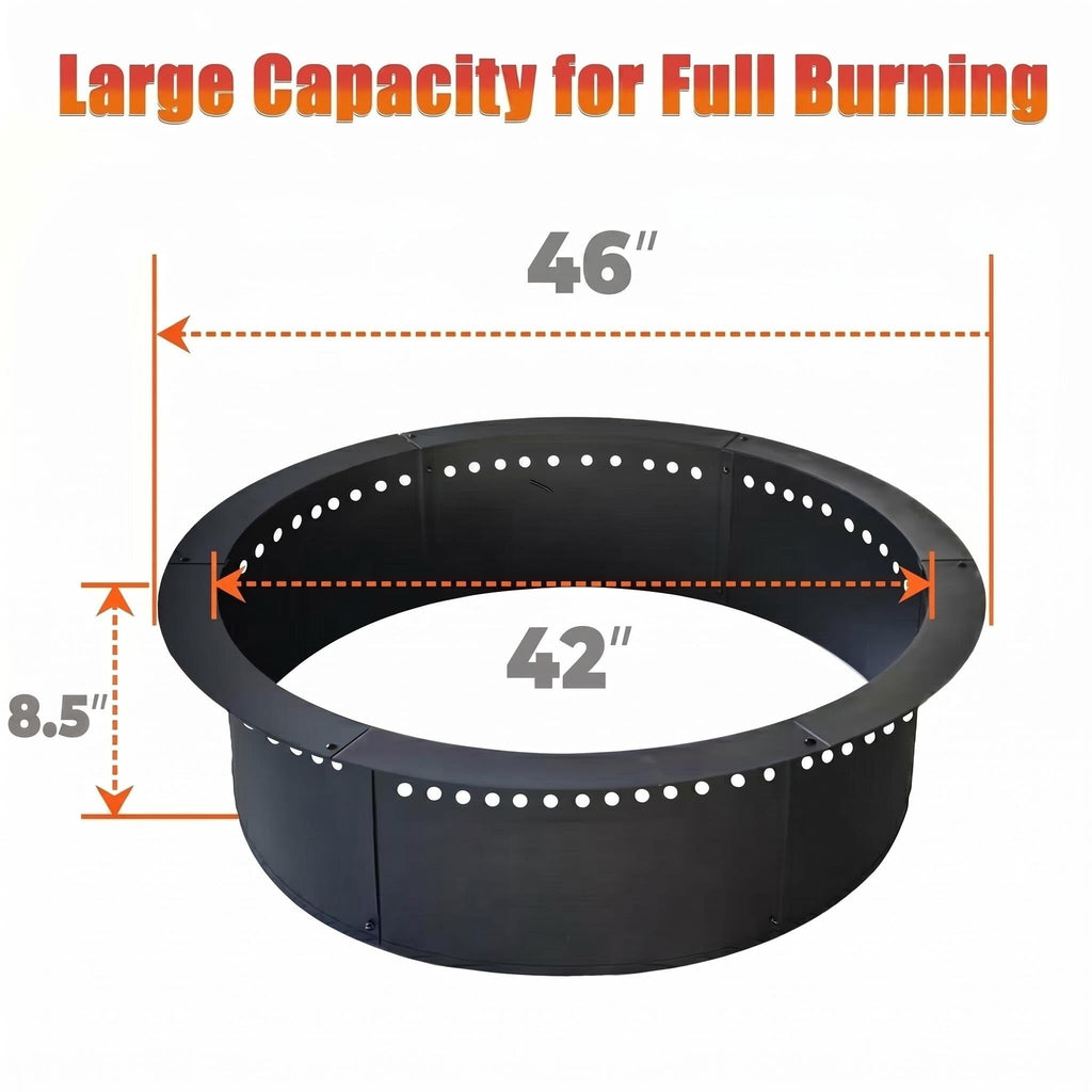 Outdoor 46-Inch Outer/42-Inch Inner Fire Pit Ring Smokeless, Duty Solid Metal Steel Round Firepit Rim Insert for DIY