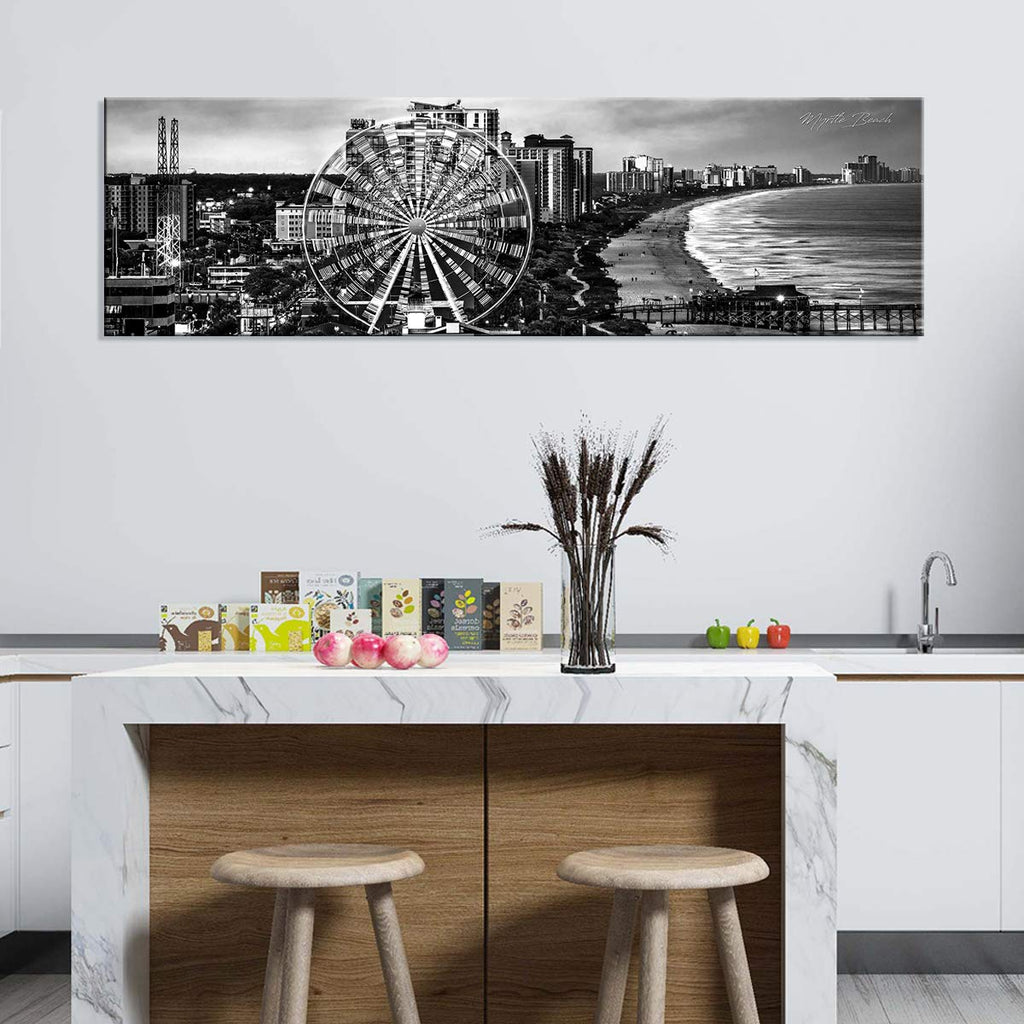 Myrtle Beach Wall Art Ferris Wheel Skyline Wall Decor Black and White Cityscape Panoramic Canvas Paintings USA South