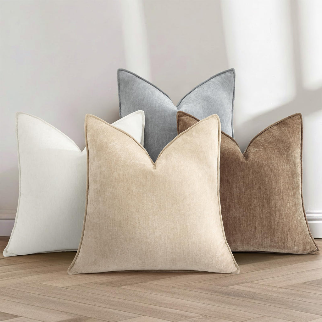 Chenille Beige Velvet Throw Pillow Covers 24x24 Set of 2