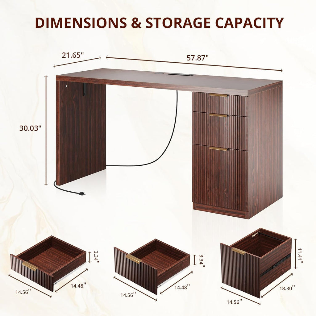 58" Modern Executive Desk with Storage, Home Office Desk with Drawer & Cabinet, Wooden Fluted Desk for Study