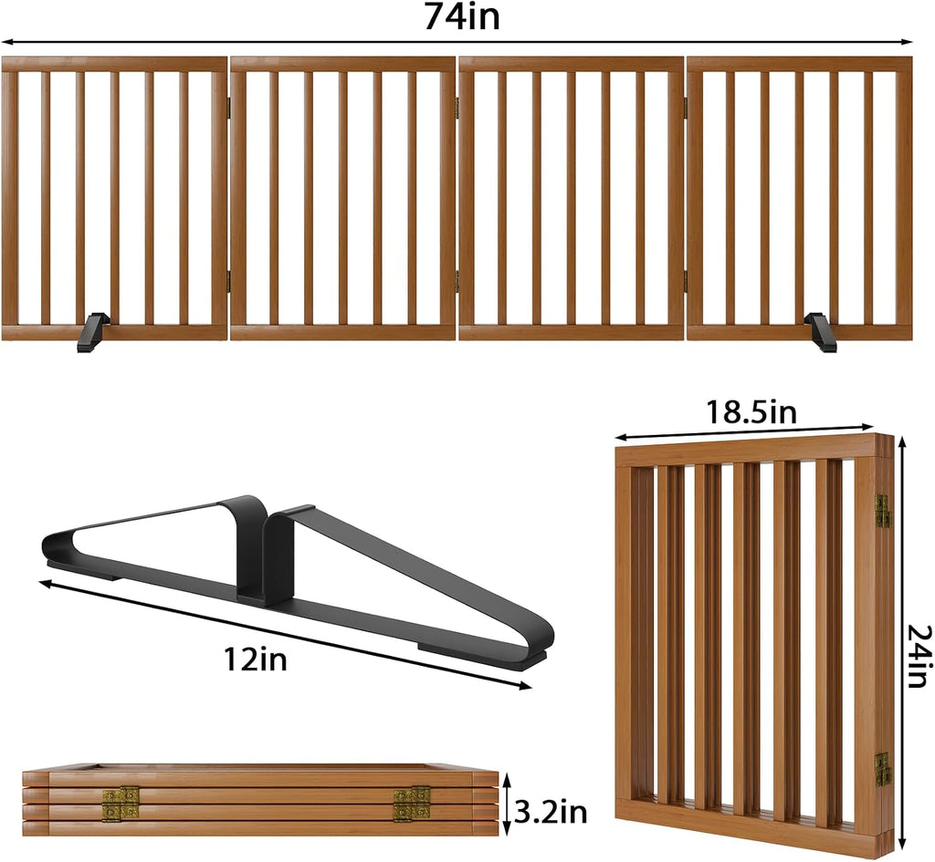 Freestanding Pet Gate Foldable 4 Panel Dog Gate Walnut Dog Gates for Stair Doorways House Indoor (2 Support Feet