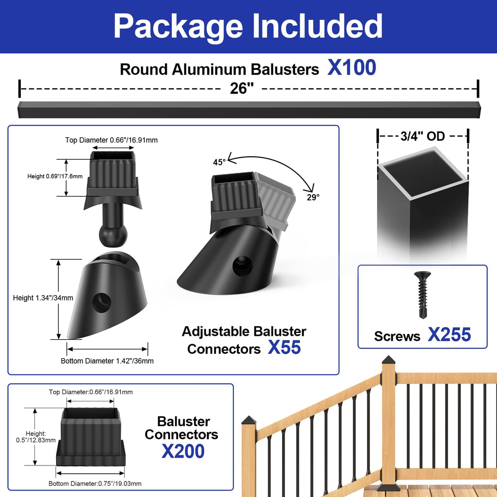100 Pack 26" Square Aluminum Deck Balusters, 3/4" Black Aluminum Deck Spindles with Anti-UV Black Baluster