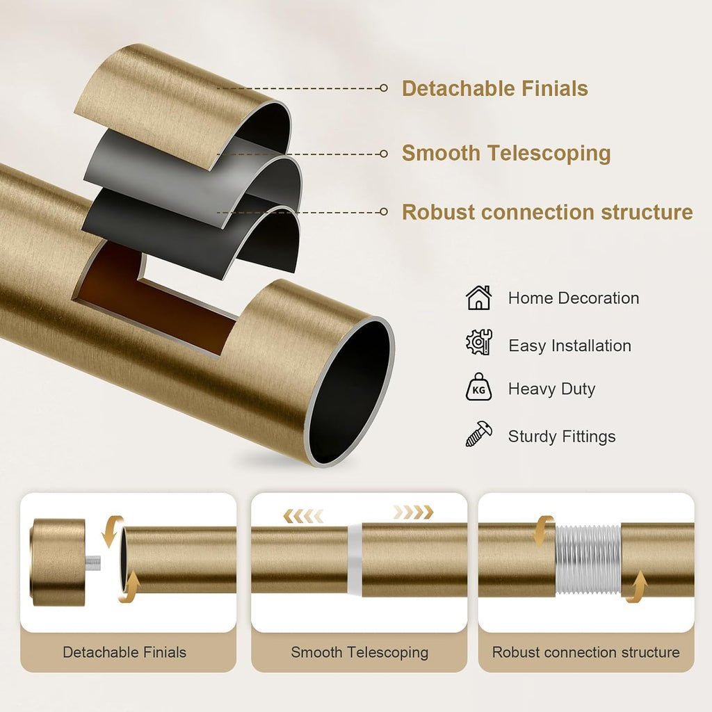 Warm Gold Brass Curtain Rod, 1" Diameter Heavy Duty Window Rod with Solid Aluminum Finials