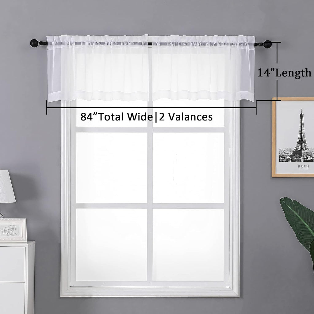 Sheer White Valances for Windows 2 Pack, Small Window Curtains for Living Room Bathroom Cafe Laundry Basement, Modern