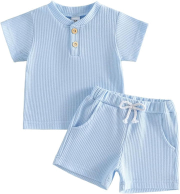 Toddler Baby Boy Summer Clothes Button Waffle Short Sleeve T-Shirt Top Elastic Waist Shorts Set 2Pcs Infant Outfit