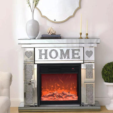 Mirrored Fireplace TV Stand with Crushed Diamond Home, Silver Electric Fireplace with Mantel, Freestanding Electric