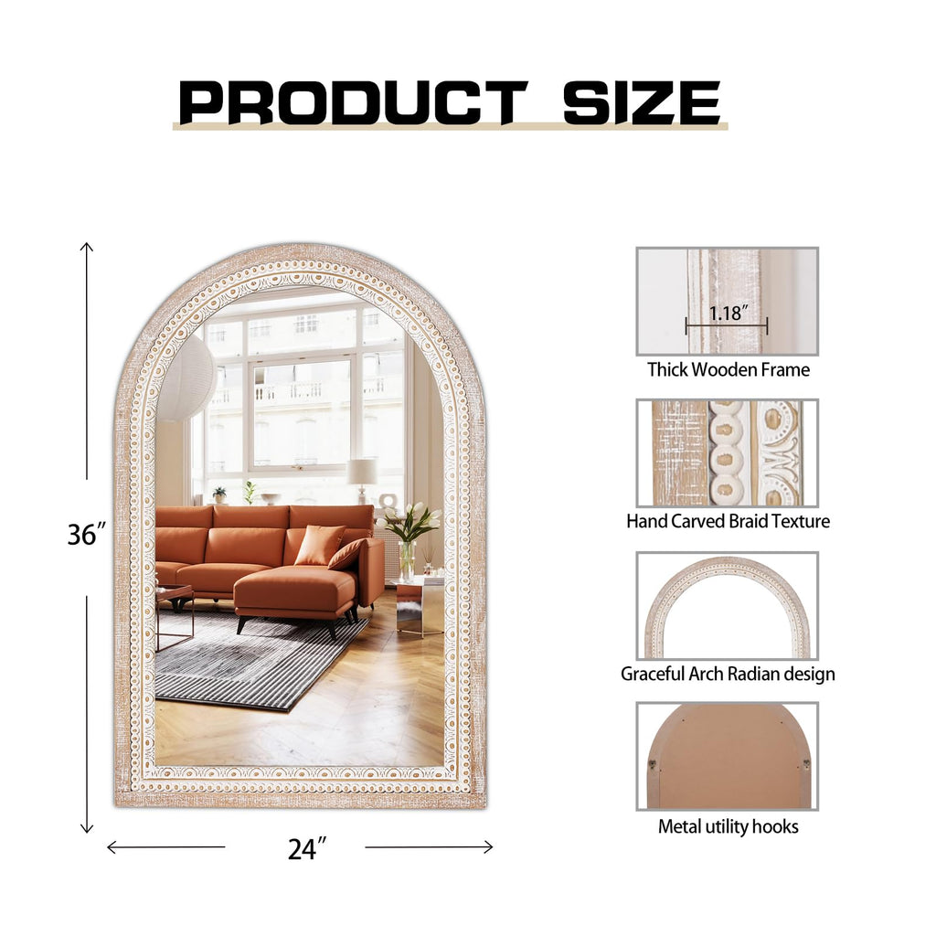 36x24 Inch Arched Mirror for Wall, Wooden Rustic Farmhouse Arch Mirrors