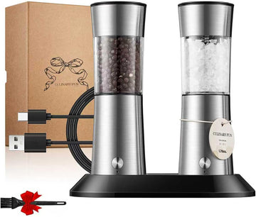 Gravity Electric Salt and Pepper Grinder Set, Automatic Mills with Rechargeable Charging Base, Built-in LED Light & - Set of 2