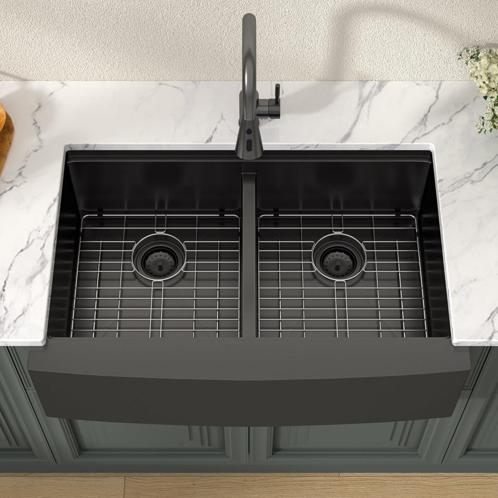 Matte Black Double Bowl Farmhouse Kitchen Sink Apront Front