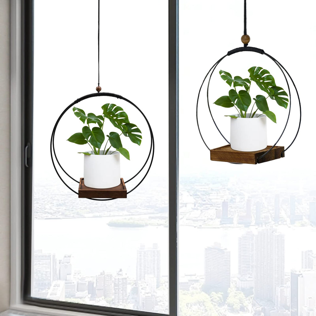 2 Pack Hanging Planter for Indoor Plants, Black Plant Hanger with Sturdy Wood Base, Modern Boho Macrame Hanger, Wall